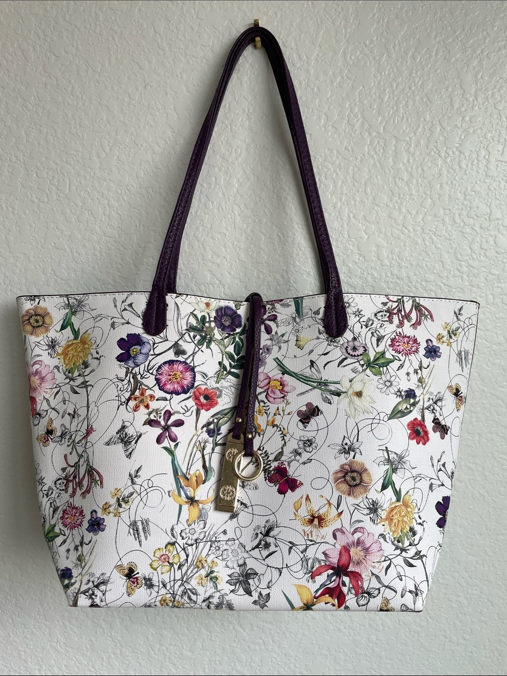 Floral Print Tote with Purple Handles